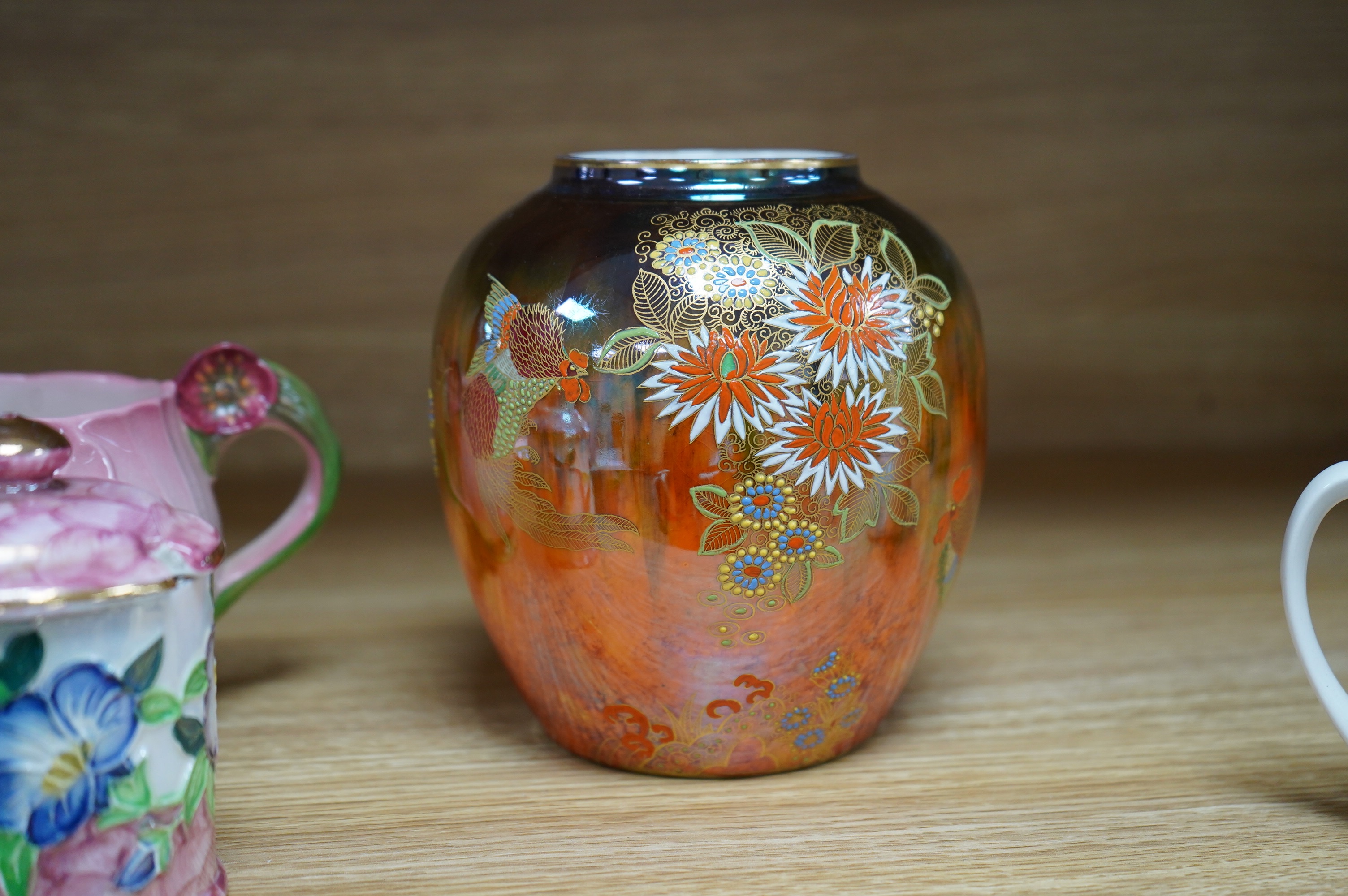 A Maling pink peony honey pot, a Carltonware lustre ‘cockerels’ vase, a similar jug, a Grays pottery dish and a Macallan whisky jug, tallest 14cm. Condition - good